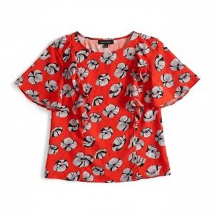 Code x Mode Bright Floral Ruffle Blouse Small Orange Red Flutter Sleeve Stmt Top